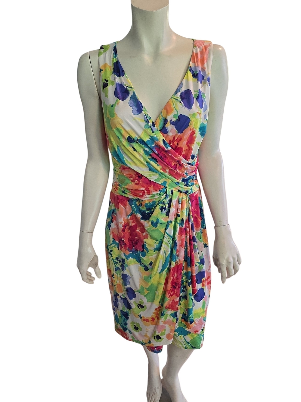 Chaps Sleeveless Watercolor Floral Wrap Midi Dress in Multi-Color
